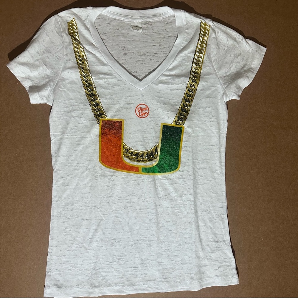 Dyme Lyfe Miami Hurricanes "Turnover Chain" Women's V-Neck Tee White Burnout